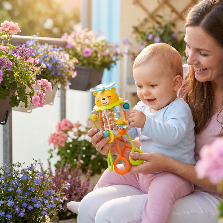 Niedliches Ziehspielzeug Baby-Rassel aus Holz, fördert Motorik und sensorische Entwicklung bei Kleinkindern.