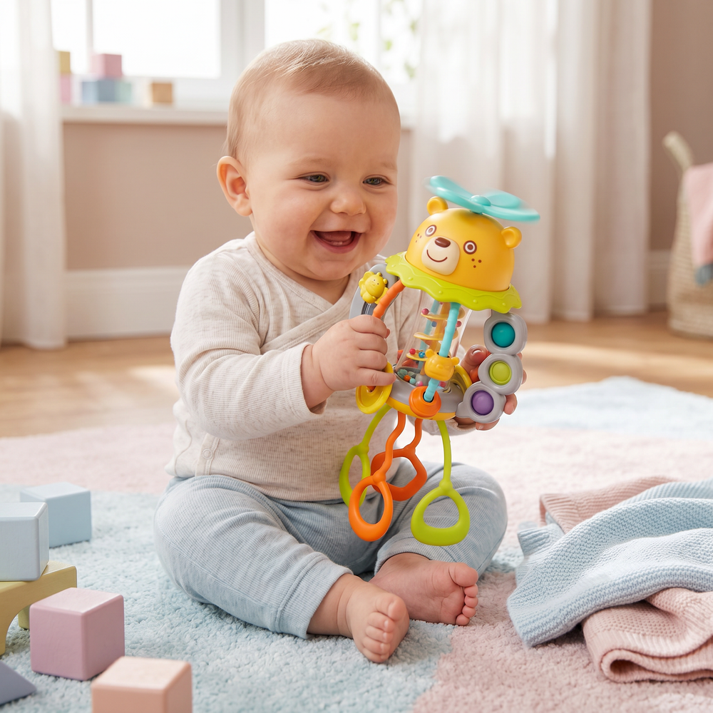 Holz-Ziehspielzeug mit bunten Perlen und Rassel für Babys. Sicheres Lernspielzeug für Feinmotorik.
