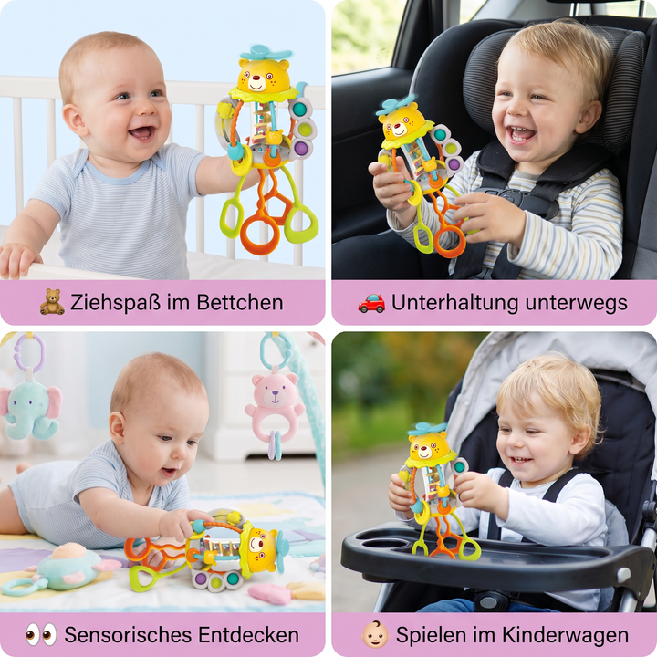 Sensorisches Babyspielzeug: Zieh-Rassel mit leuchtenden Farben und Geräuschen. Ideales Entwicklungsspielzeug für Babys.