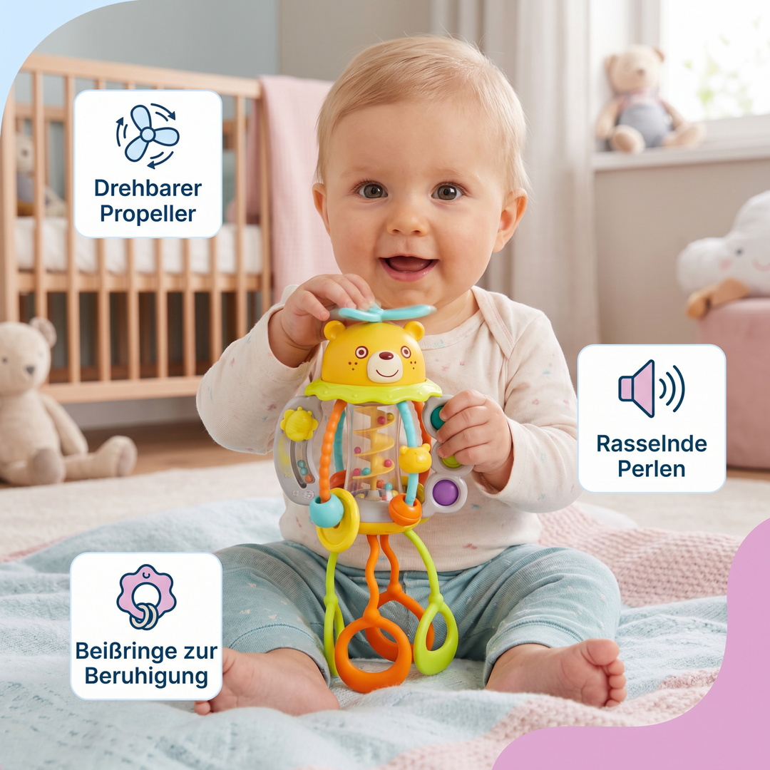Ideales Geschenk Baby: Motorikspielzeug Rassel zum Ziehen, unterstützt die frühe Entwicklung und Feinmotorik.