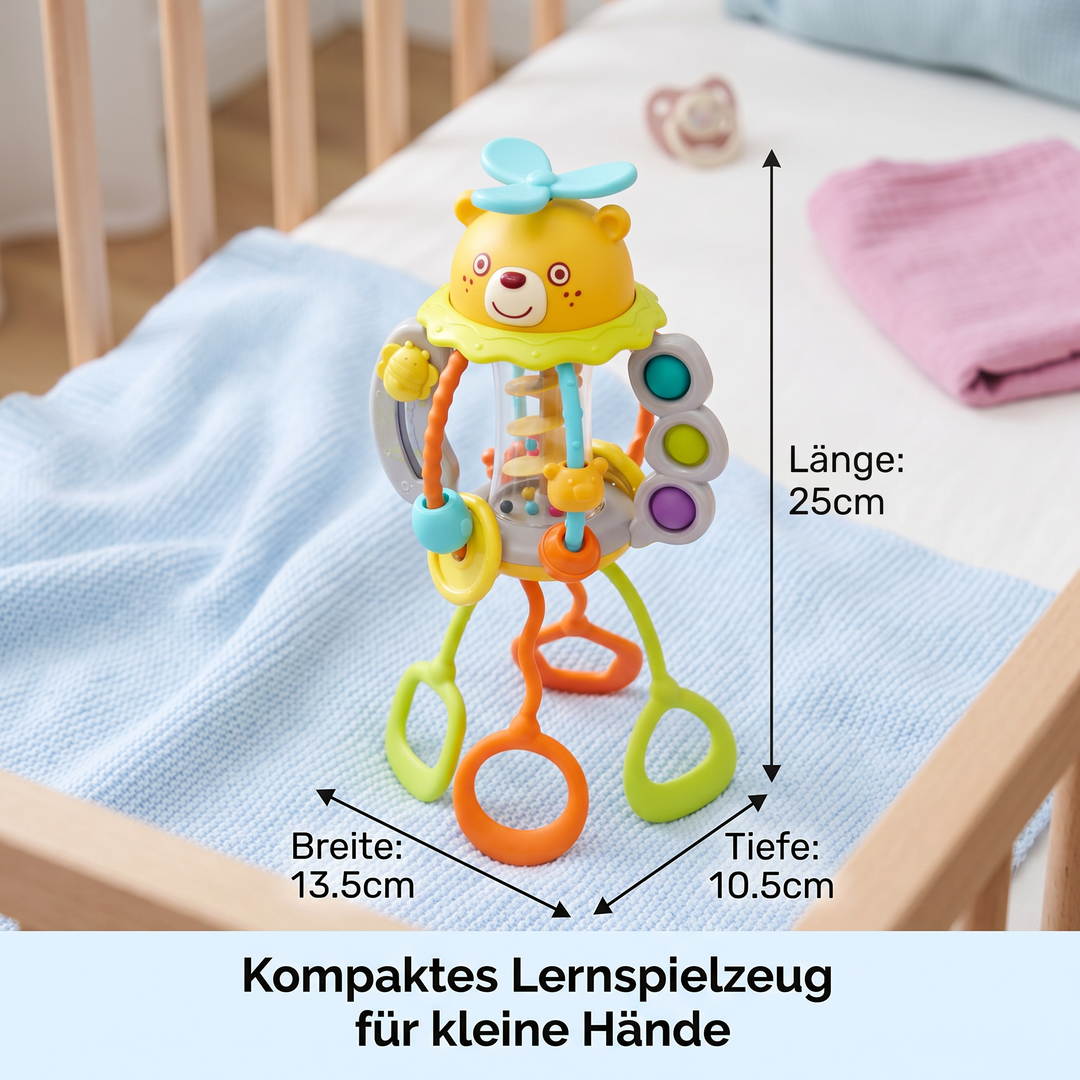 Bunte Baby-Rassel auf Rädern mit Schnur zum Ziehen. Ein interaktives Lernspielzeug, fördert sensorische Fähigkeiten.
