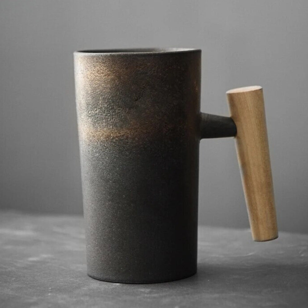 Moderne Kaffeetasse aus Keramik mit einzigartigem Naturdesign. Mit Holzgriff, nordischer Stil für Tee & Kaffee.
