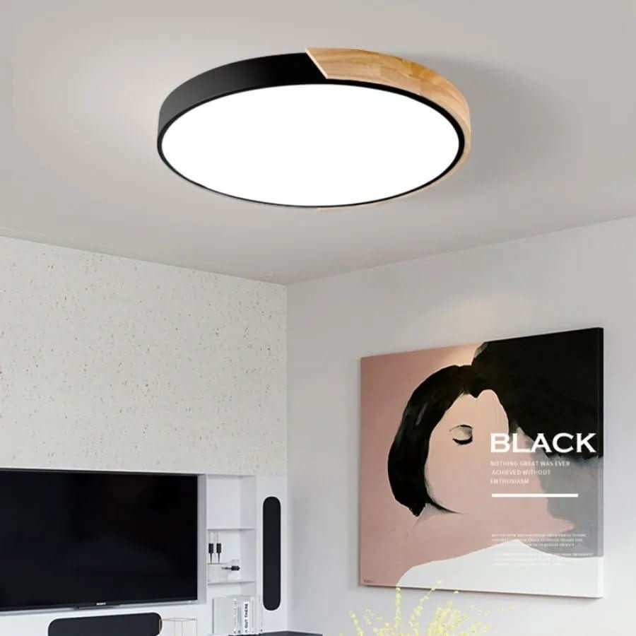 Moderne Holz-Deckenleuchte mit LED; minimalistische, runde Lampe fürs Schlafzimmer.