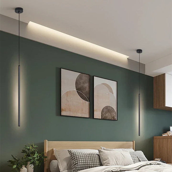 Moderne Aluminium LED Pendelleuchte im nordischen Stil, minimalistische Deckenlampe für stilvolle Schlafzimmer.
