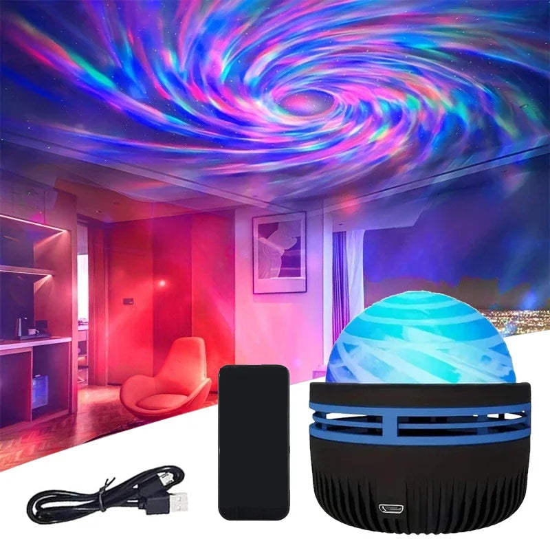 Stylischer LED Projektor für Zimmerdeko mit dynamischem RGB Licht, ideal als Stimmungslicht.