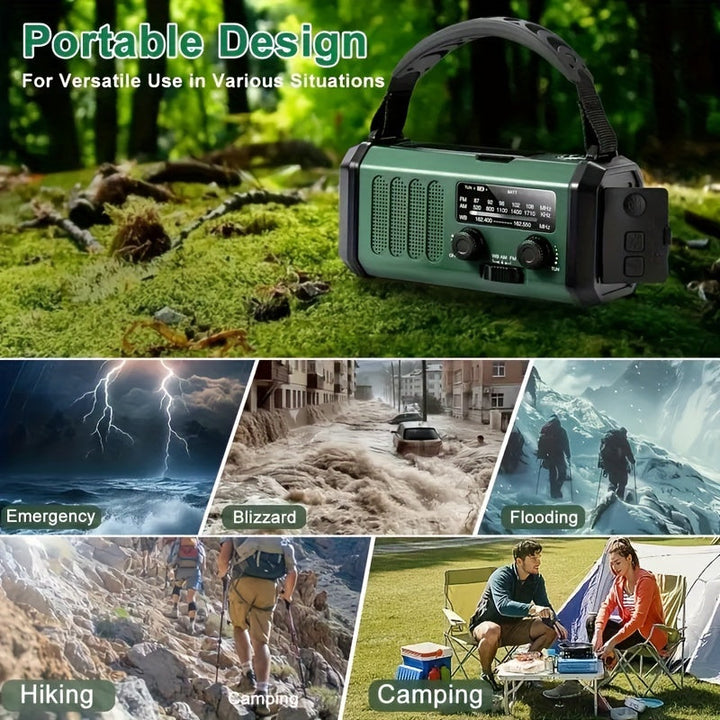 Notfallradio mit Mehrfachladung (Solar, Kurbel, USB-C) & 10.000mAh Powerbank zum Handy laden im Freien.