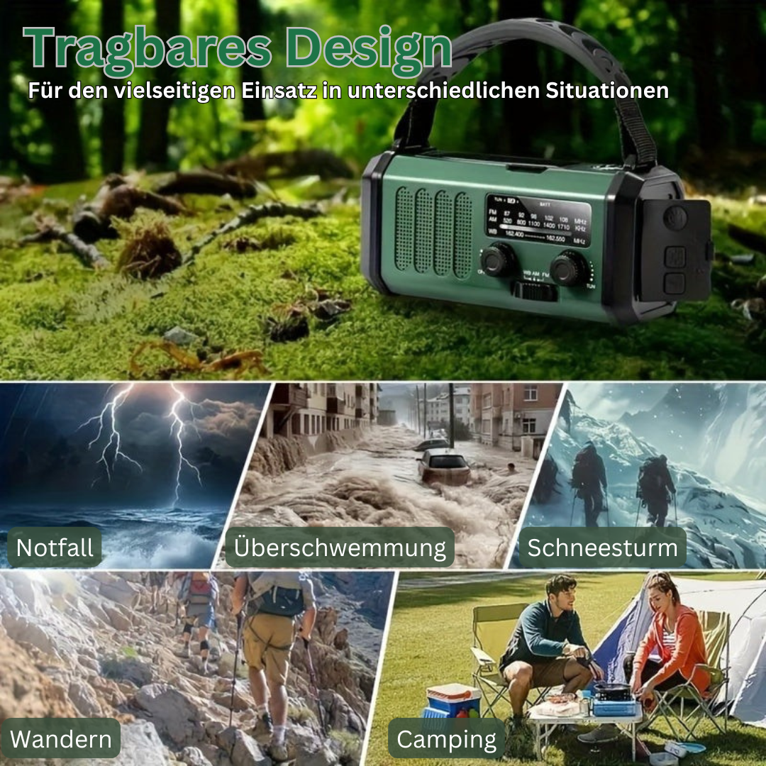 Zuverlässiges Notfallradio für Abenteuer & Katastrophenschutz: Solar, Kurbel, Taschenlampe, Powerbank.