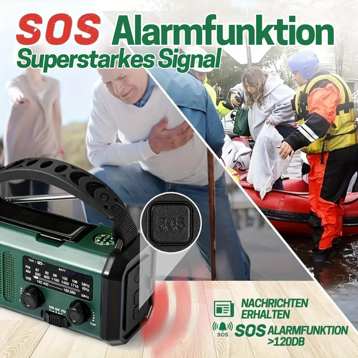 Multifunktionales Kurbelradio mit Wetterfunk, heller Taschenlampe und Powerbank für Camping & Wandern.
