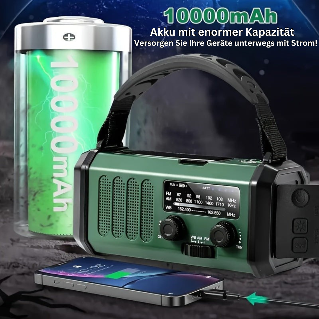 Kompaktes Notfallradio mit Solar & Kurbel für Krisenvorsorge, inkl. Taschenlampe & Ladefunktion.