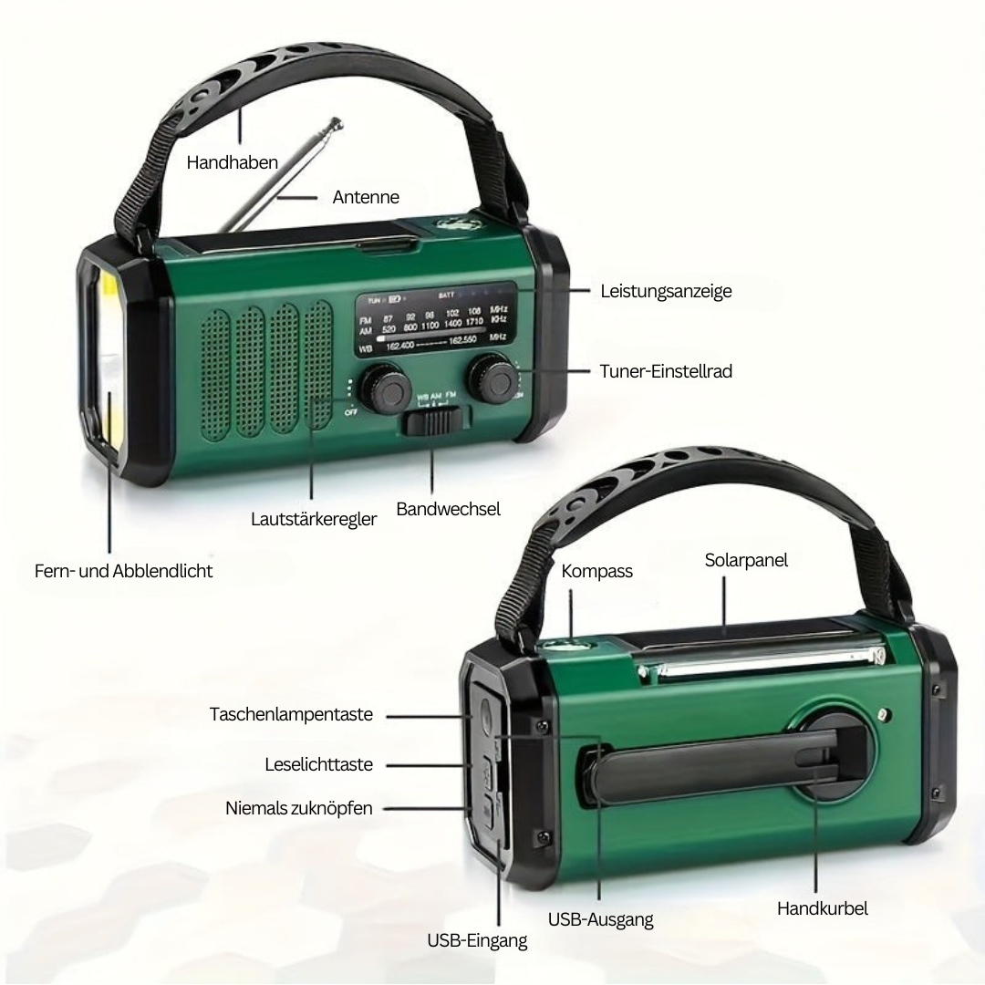 All-in-one Notfallradio: Kurbel, Solar, AM/FM Wetterfunk, Taschenlampe & Powerbank für jede Situation.