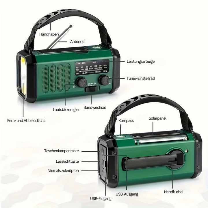 All-in-one Notfallradio: Kurbel, Solar, AM/FM Wetterfunk, Taschenlampe & Powerbank für jede Situation.