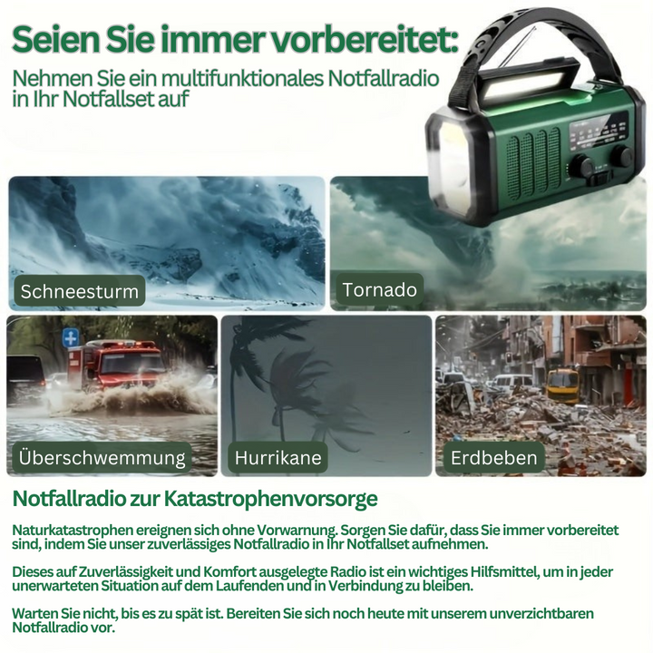 Bereit für Notfälle: Notfallradio mit Solar & Kurbel, integrierte Taschenlampe & Ladefunktion für Smartphones.