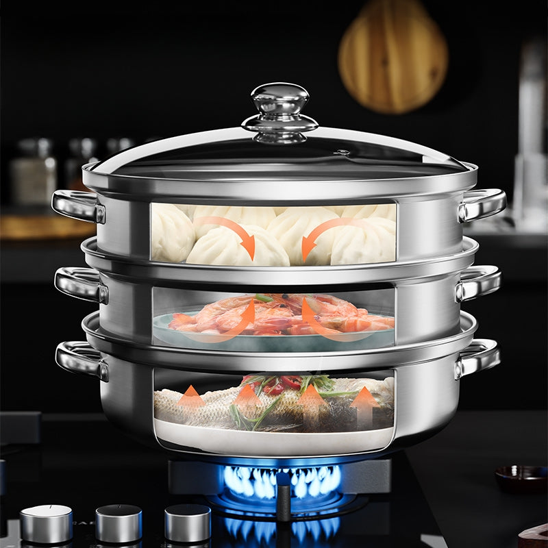 Mehrschichtiger NutriSteam Dampfgarer (3 Ebenen) für nahrhaftes Dampfgaren von Gemüse & Fisch.