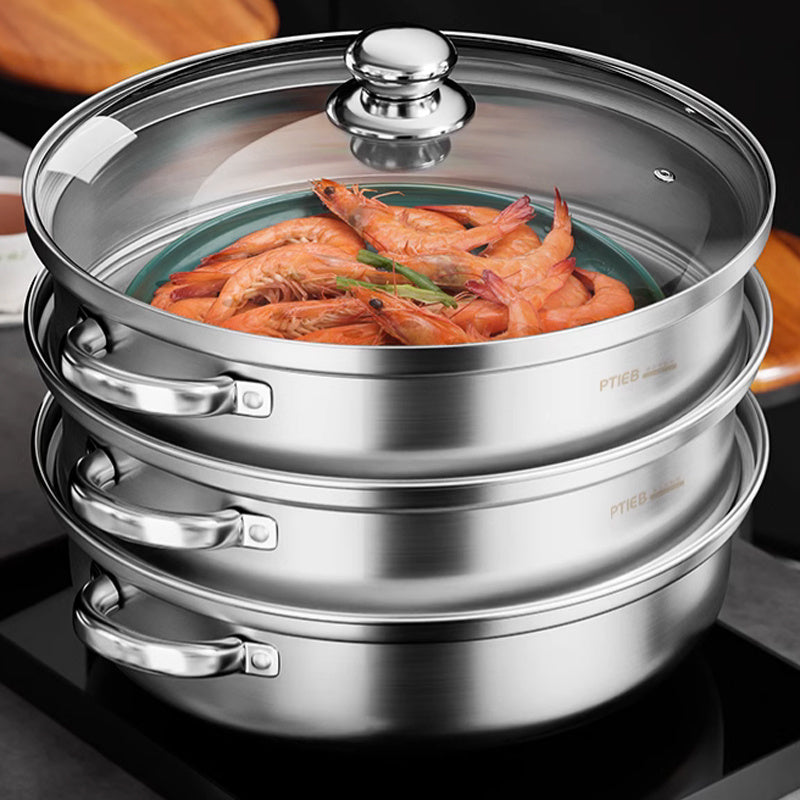 Vielseitiger 3-Schicht-Dampfgarer NutriSteam für Gemüse, Fisch & mehr; ideal für gesundes Kochen.