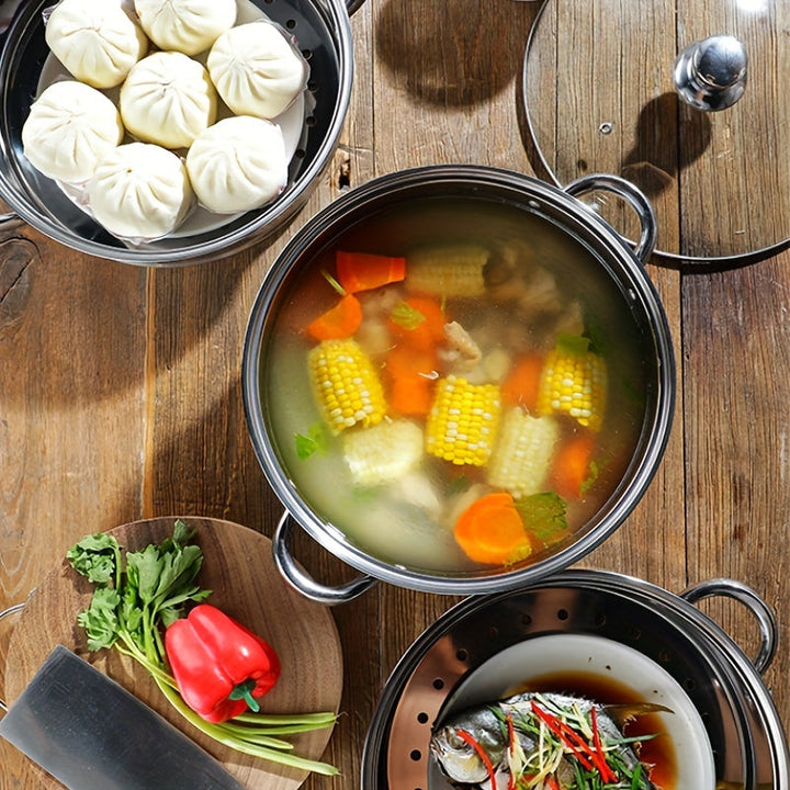 NutriSteam 3-Schicht-Dampfgarer: Gesund kochen, Vitamine bewahren. Ein modernes Küchengerät aus Edelstahl.