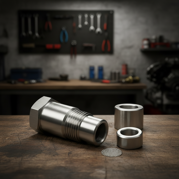 O2-Sensor-Adapter aus Edelstahl für Auto-Tuning, eliminiert Fehlercodes effizient.