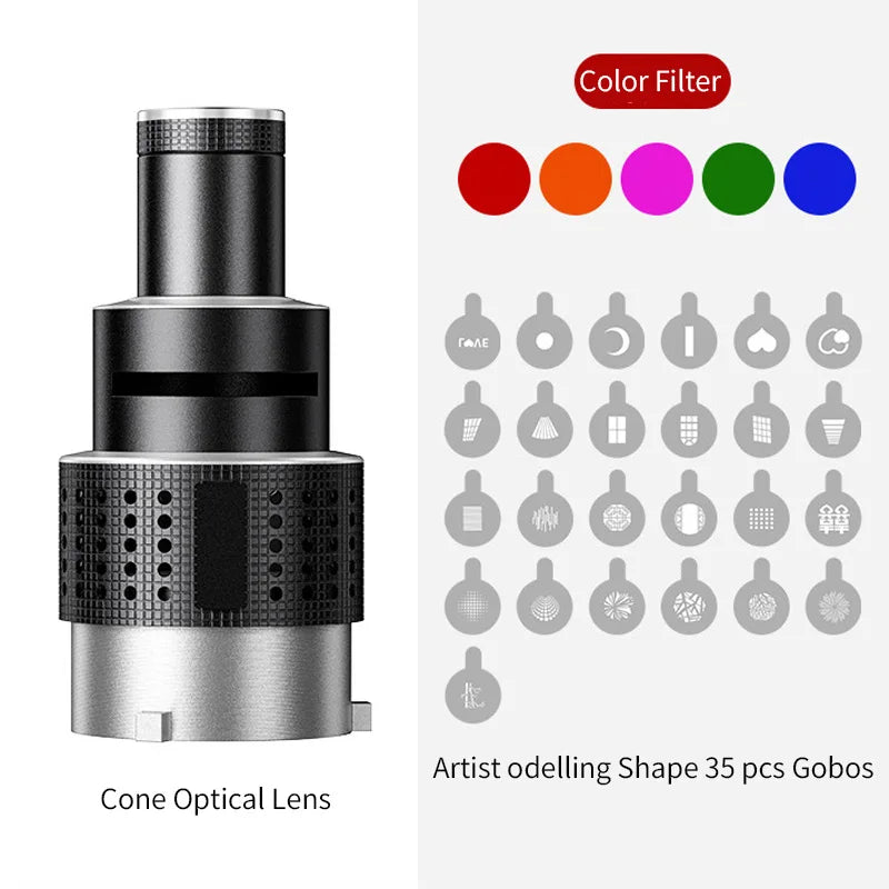 Optisches Kegellinsen-Set mit Bowens-Mount & 35 Gobos. Perfekt für einzigartige Lichteffekte in der Fotografie.