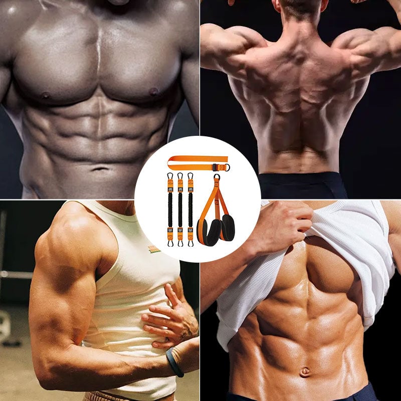 Sportler nutzt orange PullCore Klimmzug-Trainer für intensives Muskelaufbau-Training & Heimfitness.