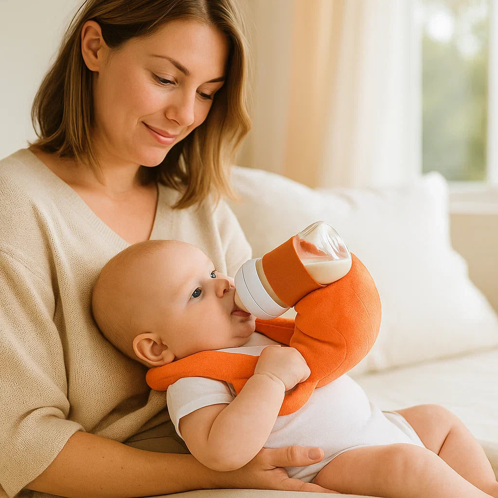 Orangefarbenes freihändiges Stillkissen für Babys, ergonomisch & komfortabel. Entspanntes Füttern von Neugeborenen.