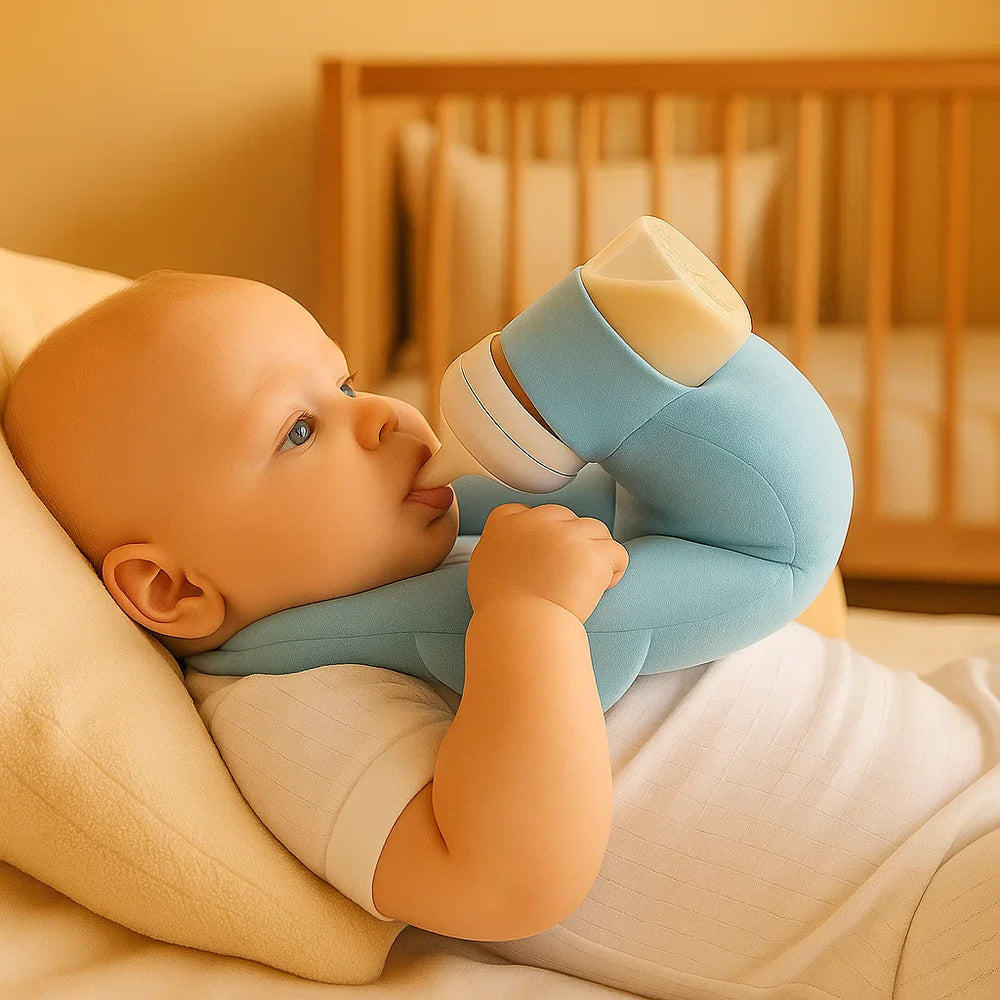 Blaues Stillkissen aus atmungsaktivem Mesh-Gewebe für freihändiges Füttern. Bietet Komfort für Baby & Eltern.
