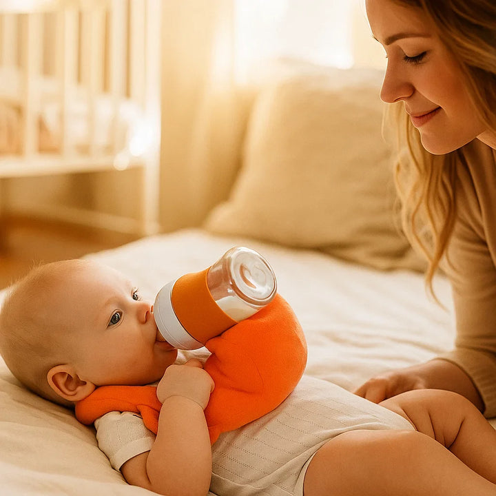 Beiges Stillkissen mit atmungsaktivem Meshgewebe, ergonomisch für freihändiges Baby-Füttern. Entlastung für Eltern.