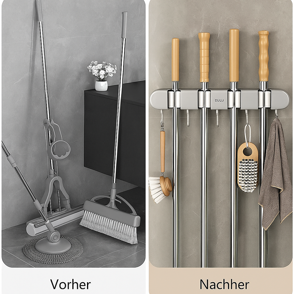 OrgaGrip Besenhalter an der Wand montiert, hält Besen & Mopp platzsparend und organisiert.