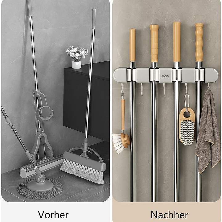 OrgaGrip Besenhalter an der Wand montiert, hält Besen & Mopp platzsparend und organisiert.