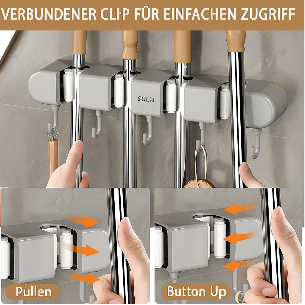 Neue OrgaGrip Wandhalterung für Besen und Werkzeuge, bereit zur Wandmontage, schafft Ordnung.