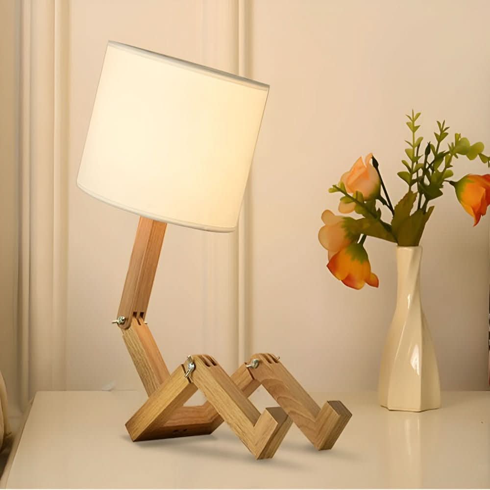 Flexible Oribot Holz Roboterlampe, verstellbar, als stilvolle LED Tischlampe oder Buchstütze nutzbar.