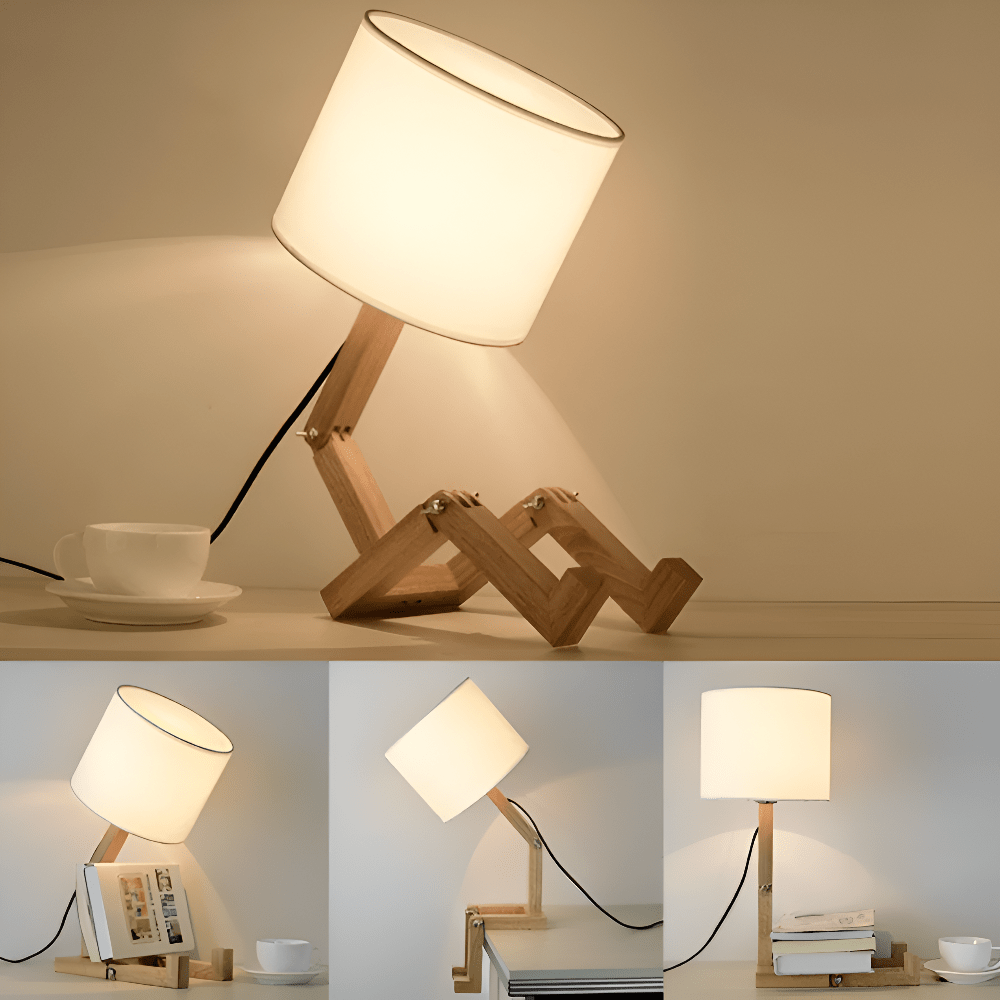 Nachhaltige Oribot Holzlampe, Roboter-Design, energieeffiziente LED Tischlampe für individuelles Licht.