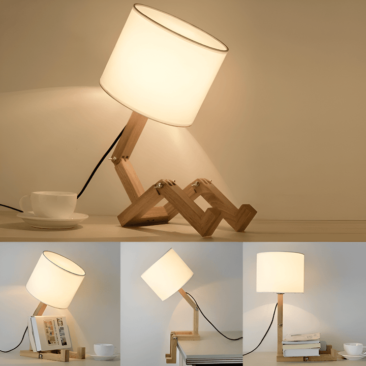 Nachhaltige Oribot Holzlampe, Roboter-Design, energieeffiziente LED Tischlampe für individuelles Licht.