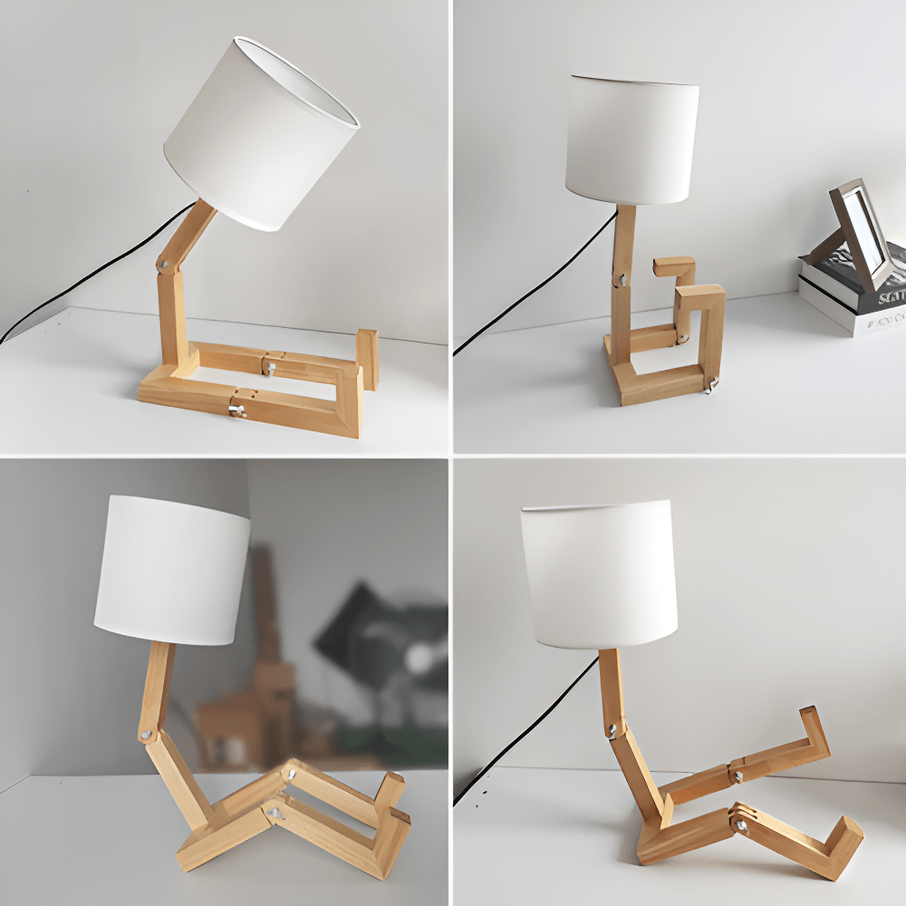 Charmante Oribot Roboterlampe aus Holz, mit flexiblen Gelenken & heller LED, ideal als Leselampe.