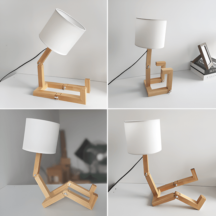 Charmante Oribot Roboterlampe aus Holz, mit flexiblen Gelenken & heller LED, ideal als Leselampe.