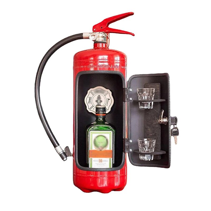 Origineller Flaschenhalter im Feuerlöscher-Design für geheime Getränkelagerung. Ein cooles Bar Accessoire & Wohnaccessoire.