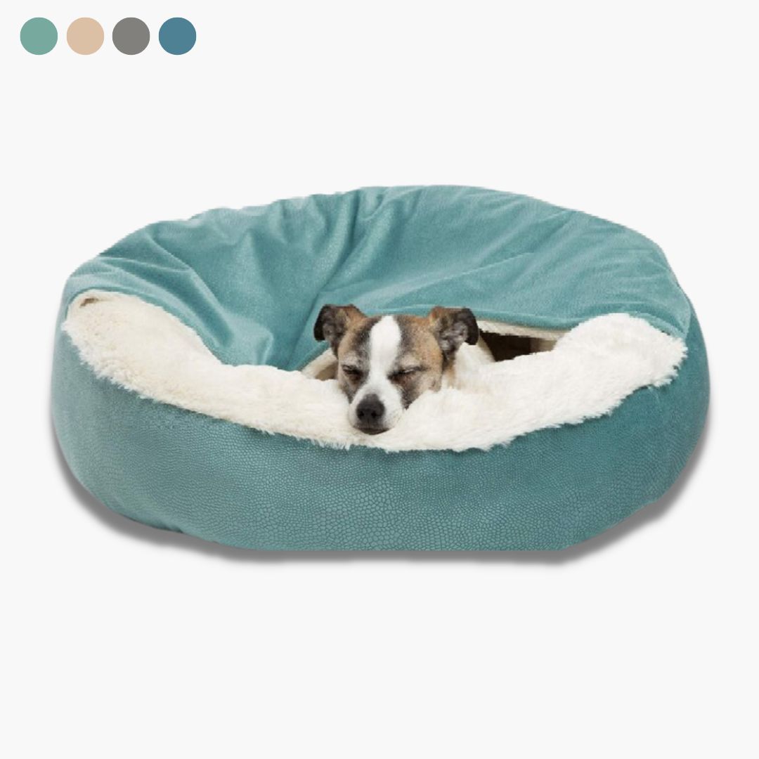 Orthopädische Hunde-Kuschelhöhle SnuggleNest für tiefenentspannten Schlaf. Weiches, waschbares Hundebett gegen Angst.