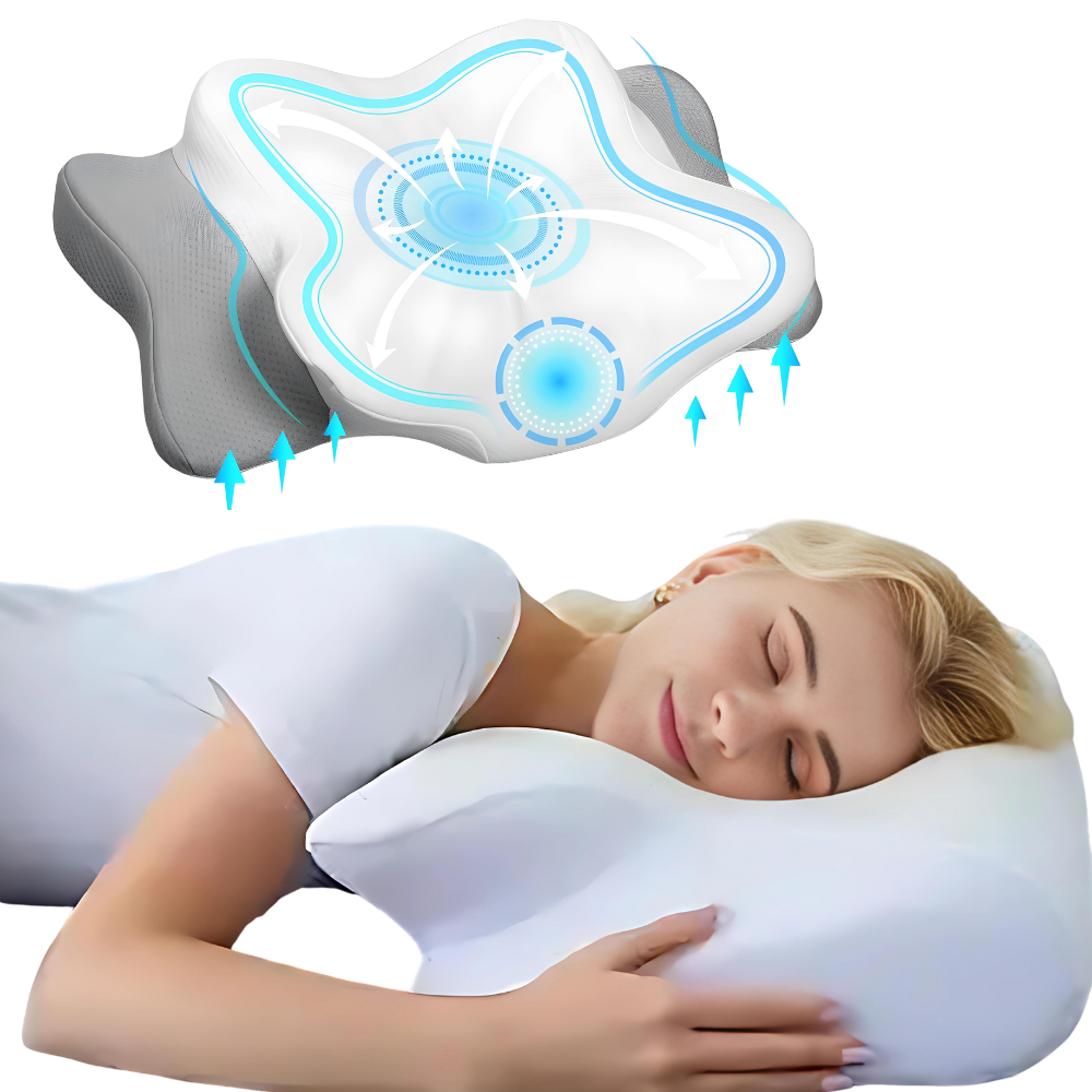 Komfortables 3D-Kissen im Schlafzimmer. Modernes orthopädisches Kissen für optimalen Nacken- und Kopfkomfort.