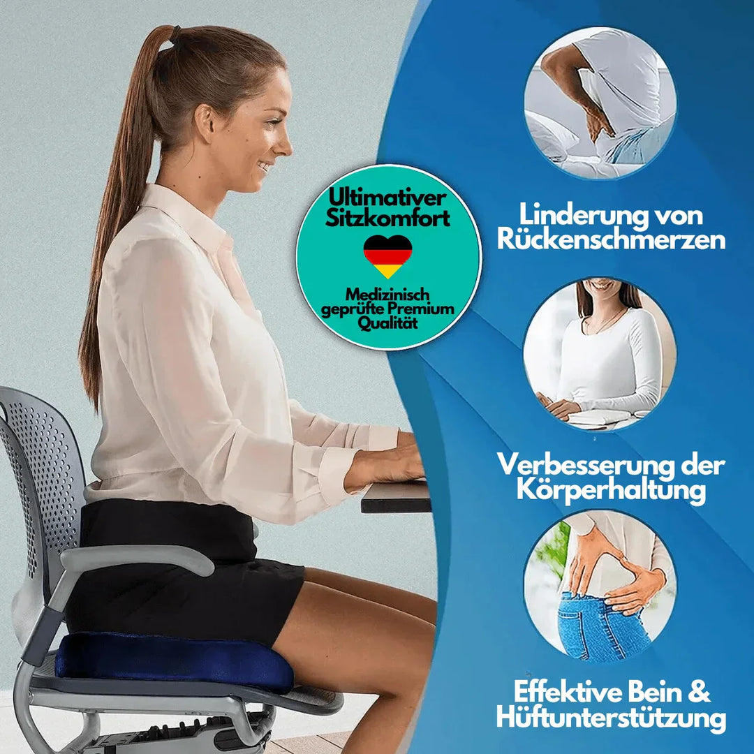 Ergonomisches Bürositzkissen aus Memory-Schaum gegen Rückenschmerzen. Fördert gesunde Haltung.