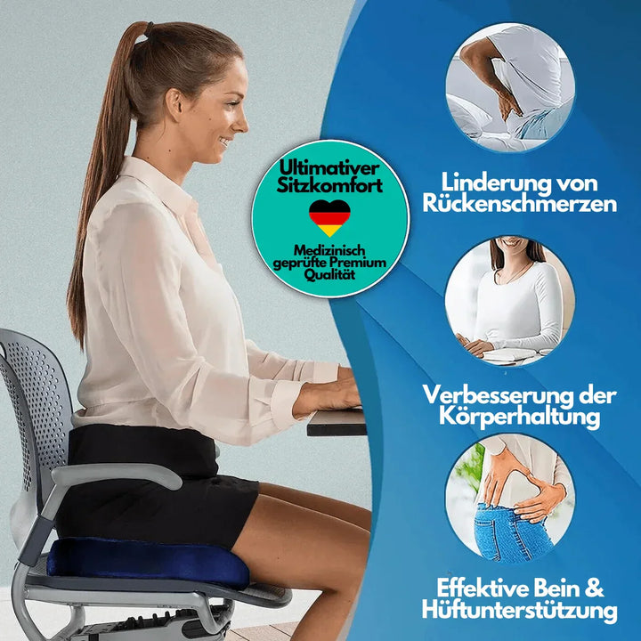 Ergonomisches Bürositzkissen aus Memory-Schaum gegen Rückenschmerzen. Fördert gesunde Haltung.