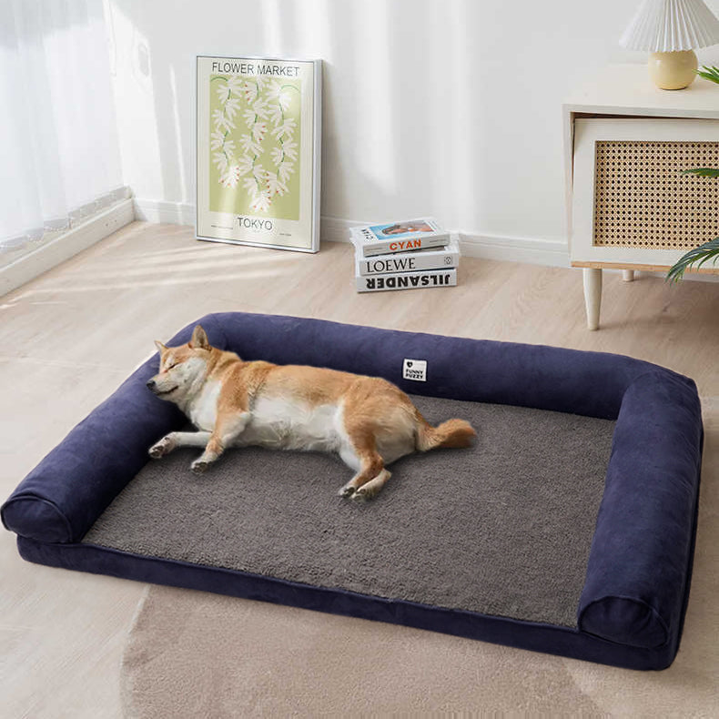 Orthopädisches Eck-Hundebett für Gelenkschutz, Kunstfleece & Wildleder, hoher Liegekomfort.