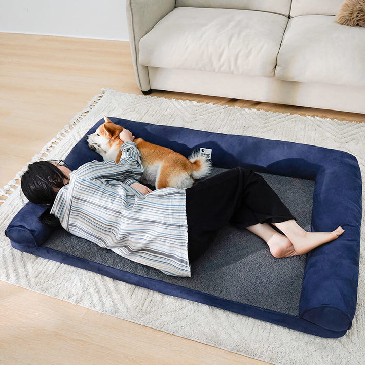 Eck-Hundebett mit abnehmbarem Bezug, orthopädisch, Wildleder-Optik, waschbar bei 30 Grad.