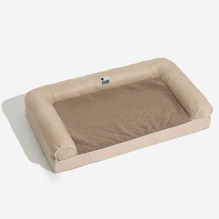 Orthopädisches Eck-Hundebett im Wohnzimmer, passt perfekt in die Ecke, stilvoll und funktional.