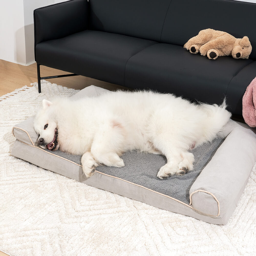 Eck-Hundebett orthopädisch, mit Memory-Schaum, Wildleder-Optik, waschbar, für große Hunde.