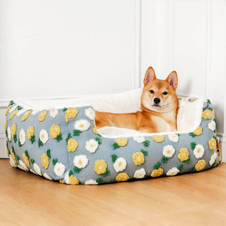 Graues orthopädisches Eckbett für Hunde, komfortabel, weich & waschbar, bietet Geborgenheit.