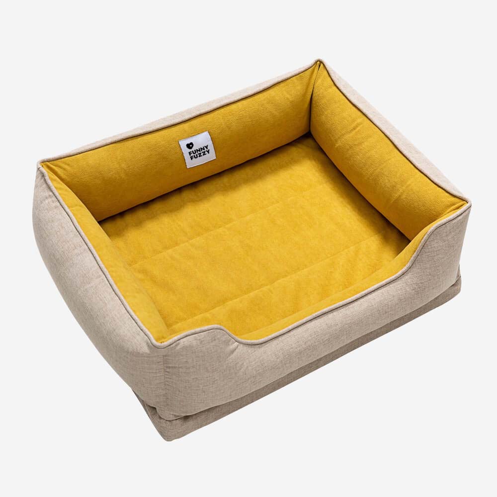 Perfekter Hundeschlafplatz: Orthopädisches Eckbett, waschbar & komfortabel, mit Samtkissen.