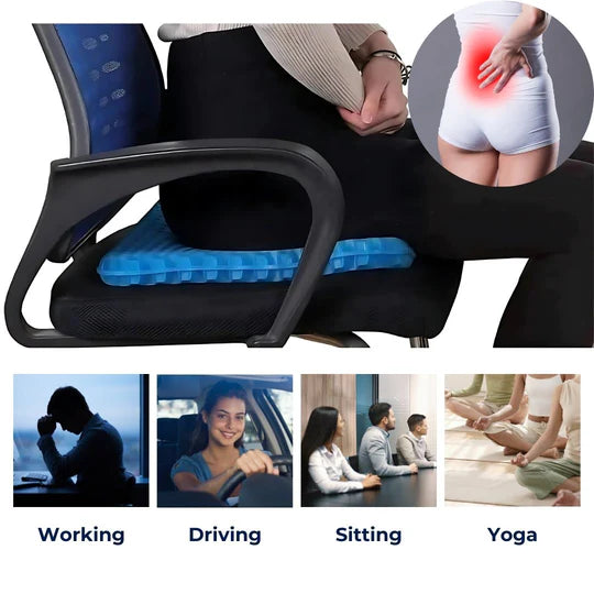 Vielseitiges Gel-Sitzkissen für Auto, Büro & Rollstuhl. Bietet orthopädische Unterstützung & atmungsaktiven Komfort.