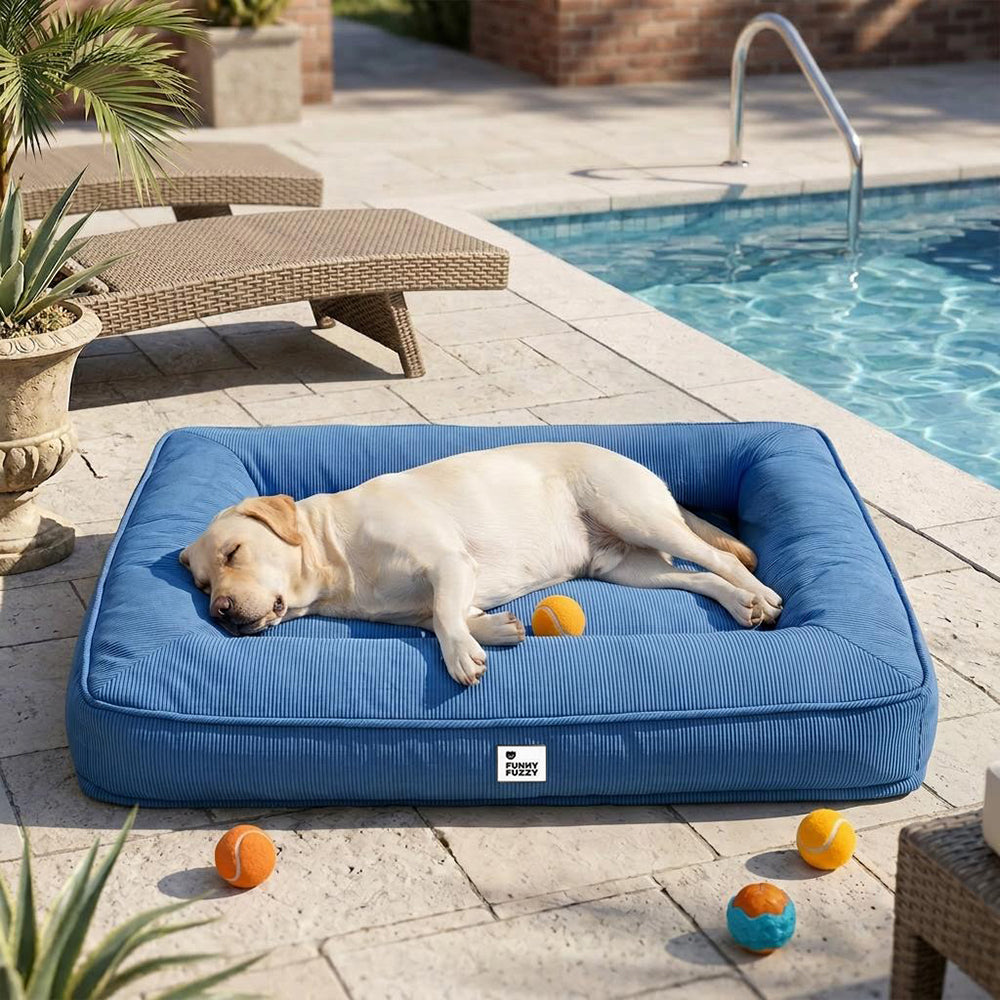 Detailansicht des wasserabweisenden, kratzfesten Bezugs vom orthopädischen Hundebett für große Hunde.