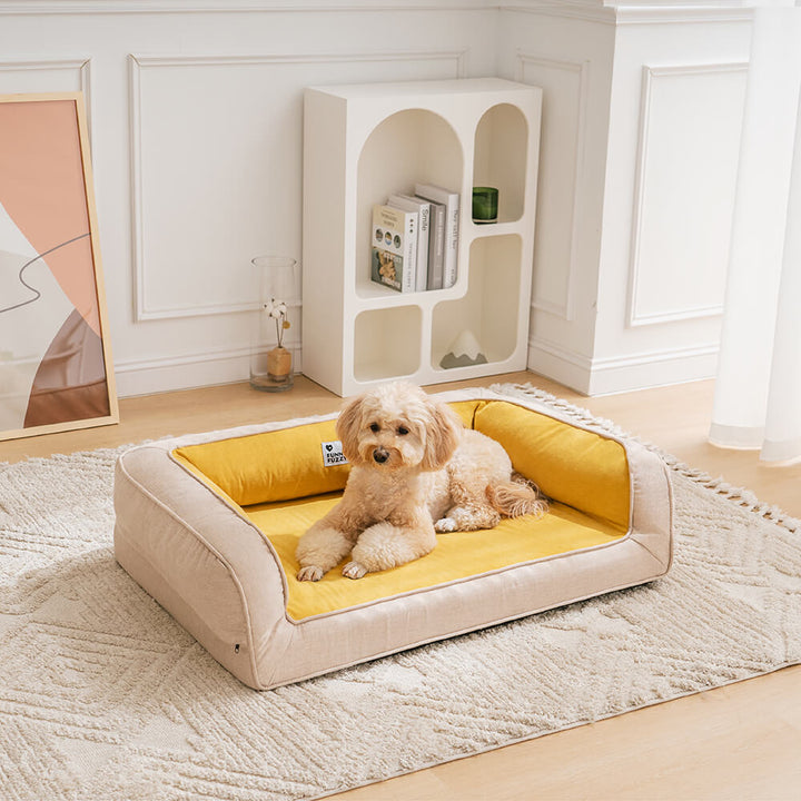 Ginkgo Gelbes orthopädisches Hundebett, waschbar, für optimale Gelenkunterstützung.