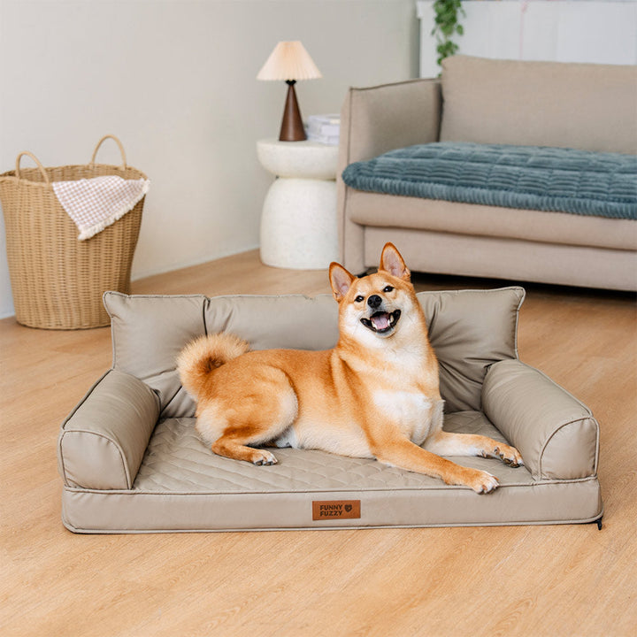 Orthopädisches Hundebett faltbar, Kunstleder, taupegrau. Für Seniorhunde.