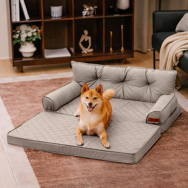 Orthopädisches Hundebett, faltbar, Kunstleder, taupegrau, waschbar.