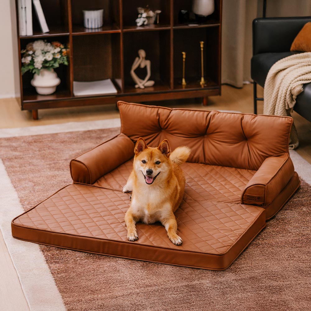Großes Kunstleder Hundebett, faltbar, kognakbraun. Orthopädischer Komfort.